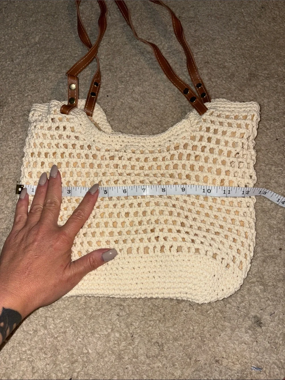 Cream Crochet Tote with Tan Shoulder Straps - Everyday Bag